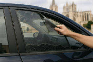 Mano retirando una lámina deteriorada con burbujas y pérdida de color de la luna lateral de un coche en León, ejemplo de cuándo conviene cambiar el tintado de lunas en un taller especializado.