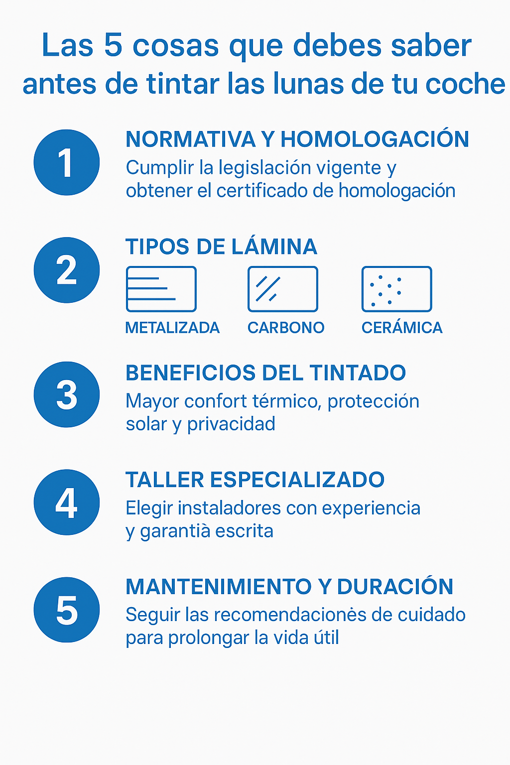 Infografía con fondo blanco y texto azul que muestra las 5 cosas que debes saber antes de tintar las lunas de tu coche: normativa y homologación, tipos de láminas, beneficios del tintado, elección de taller especializado y mantenimiento. Guía visual sobre tintado de lunas en León.