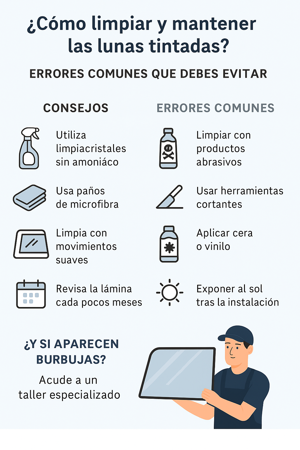 Infografía de Centro Lámina sobre cómo limpiar y mantener las lunas tintadas del coche, con consejos prácticos y errores comunes que evitar. Diseño claro y moderno con iconos explicativos, ideal para conductores que buscan cuidar sus láminas homologadas en León.