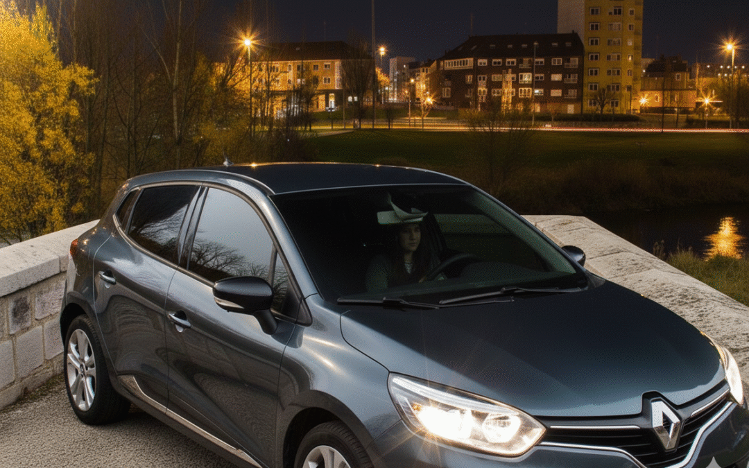 Un coche Renault oscuro con lunas tintadas, conducido por una mujer, se encuentra estacionado sobre un puente de piedra por la noche. Al fondo, se aprecian edificios iluminados y farolas, con árboles a la izquierda y un río a la derecha.
