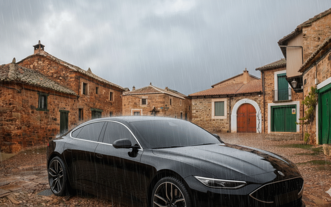 Coche negro moderno con lunas tintadas estacionado en primer plano en una calle empedrada de un pueblo de piedra bajo la lluvia, con casas tradicionales al fondo.