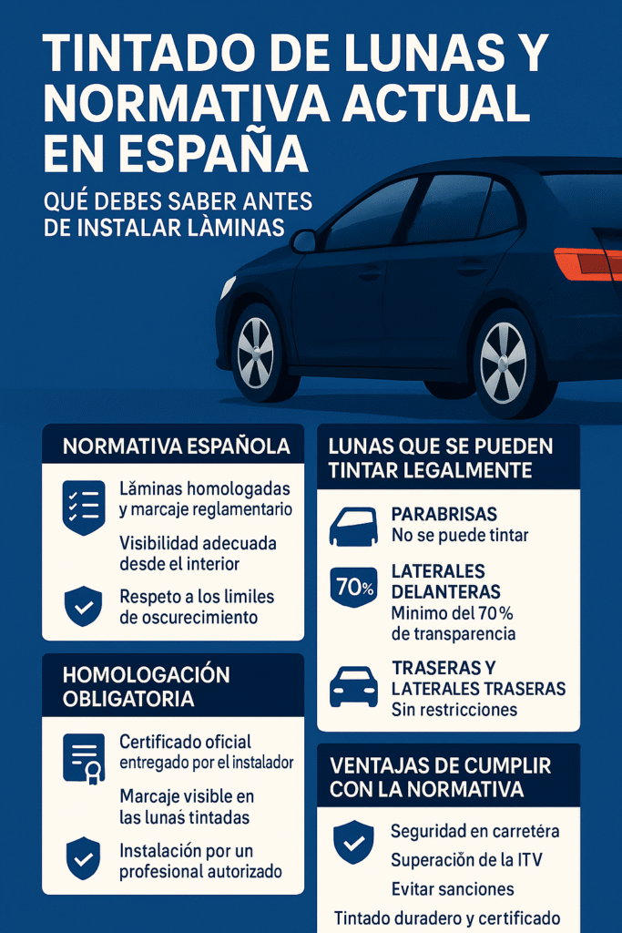 Infografía sobre el tintado de lunas y la normativa actual en España, que explica qué láminas se pueden instalar legalmente, los requisitos de homologación, las condiciones para pasar la ITV y las ventajas de cumplir la legislación, con iconos y diseño moderno en tonos azules.