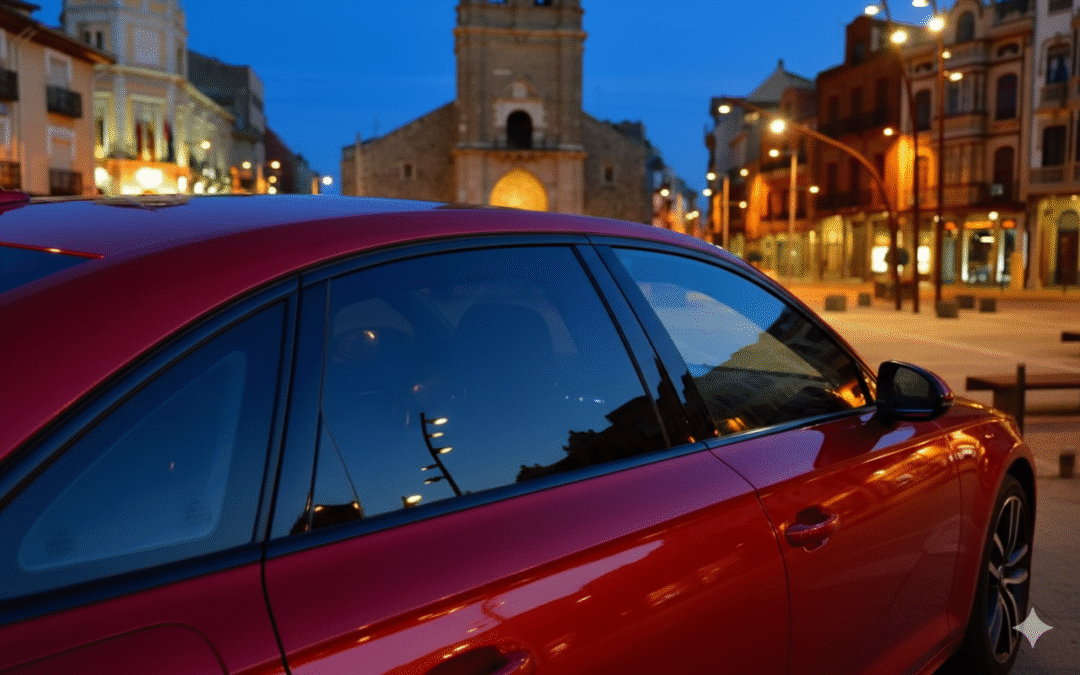 Audi rojo en primer plano con lunas traseras tintadas por Centro Lámina, aparcado en plaza histórica de España al atardecer.