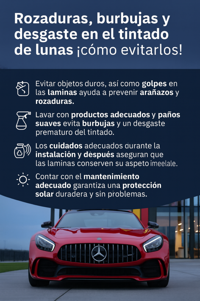Infografía con un coche deportivo rojo frente a un edificio moderno y consejos para evitar rozaduras, burbujas y desgaste en el tintado de lunas, destacando recomendaciones de mantenimiento para prolongar la durabilidad del tintado con asesoramiento profesional de Centro Lámina León.