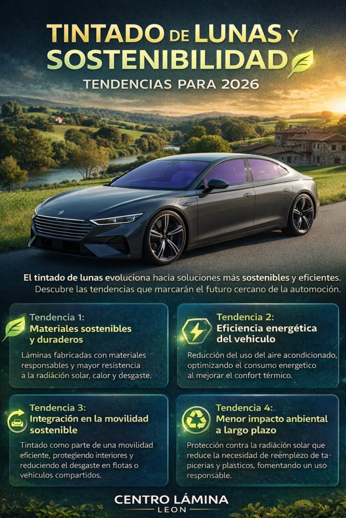 Infografía sobre tintado de lunas y sostenibilidad para 2026 con un coche moderno de diseño futurista y lunas tintadas en un entorno natural, que muestra las principales tendencias en materiales sostenibles, eficiencia energética y movilidad responsable, elaborada por Centro Lámina León.