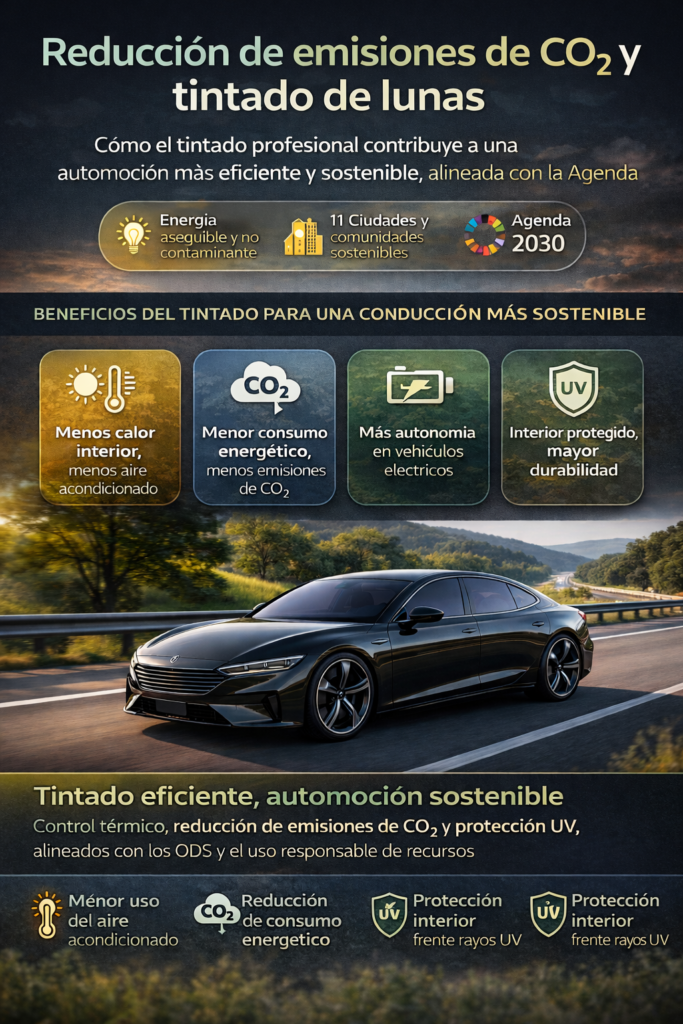 Infografía sobre la reducción de emisiones de CO₂ mediante el tintado de lunas, con un coche negro circulando por una autopista y bloques visuales que destacan menor consumo energético, reducción del uso del aire acondicionado, mayor autonomía en vehículos eléctricos y protección UV, alineada con la Agenda 2030.