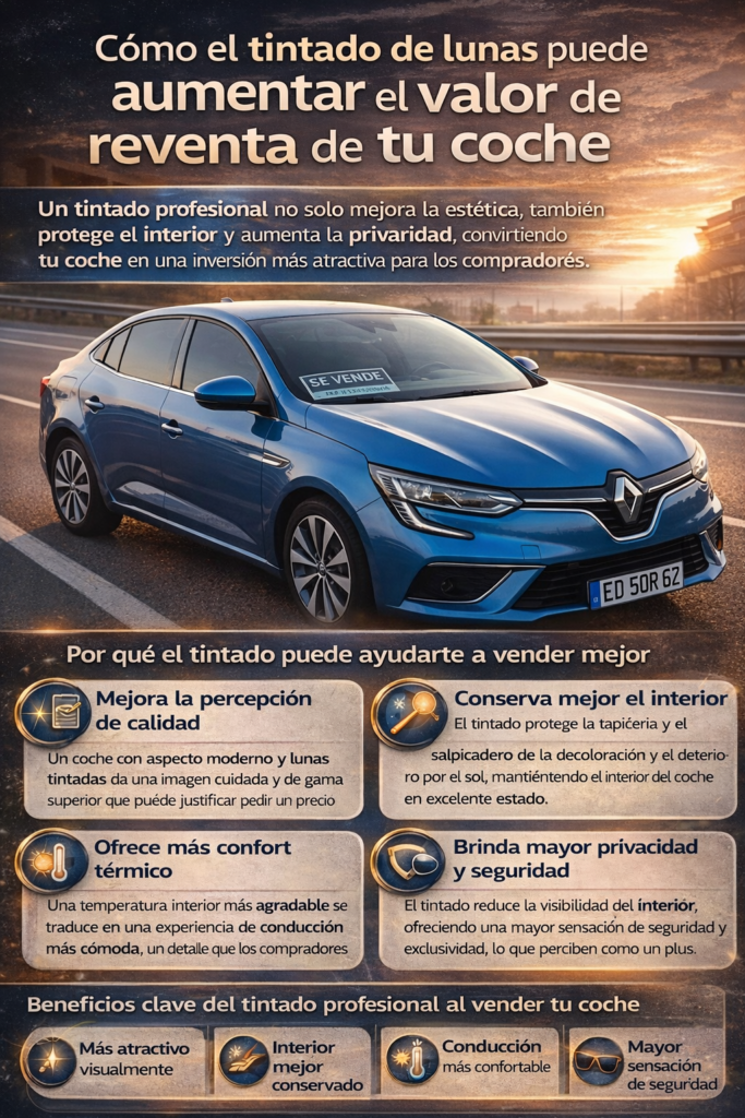 Infografía en español que explica cómo el tintado de lunas aumenta el valor de reventa del coche, mostrando un Renault azul con lunas tintadas y los principales beneficios: mejor estética, mayor confort térmico, protección del interior y aumento de la privacidad para atraer a compradores en el mercado de segunda mano.