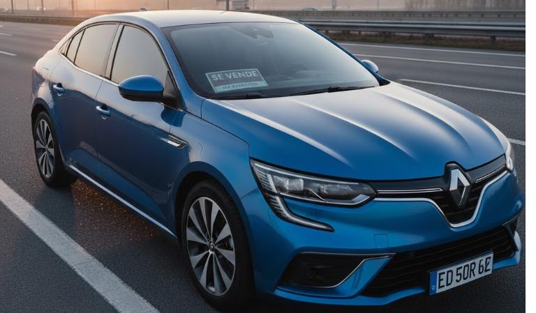Renault azul con lunas tintadas y cartel de “se vende”, circulando por una autopista, imagen que representa cómo el tintado de lunas puede aumentar el valor de reventa del coche y mejorar su atractivo en el mercado de segunda mano.