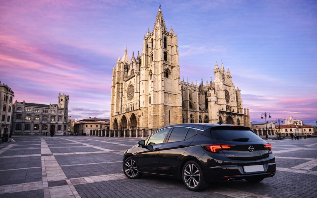 Coche Opel negro con cristales traseros tintados frente a la Catedral de León al atardecer, ejemplo de tintado de lunas que mejora privacidad, confort térmico y estética del vehículo