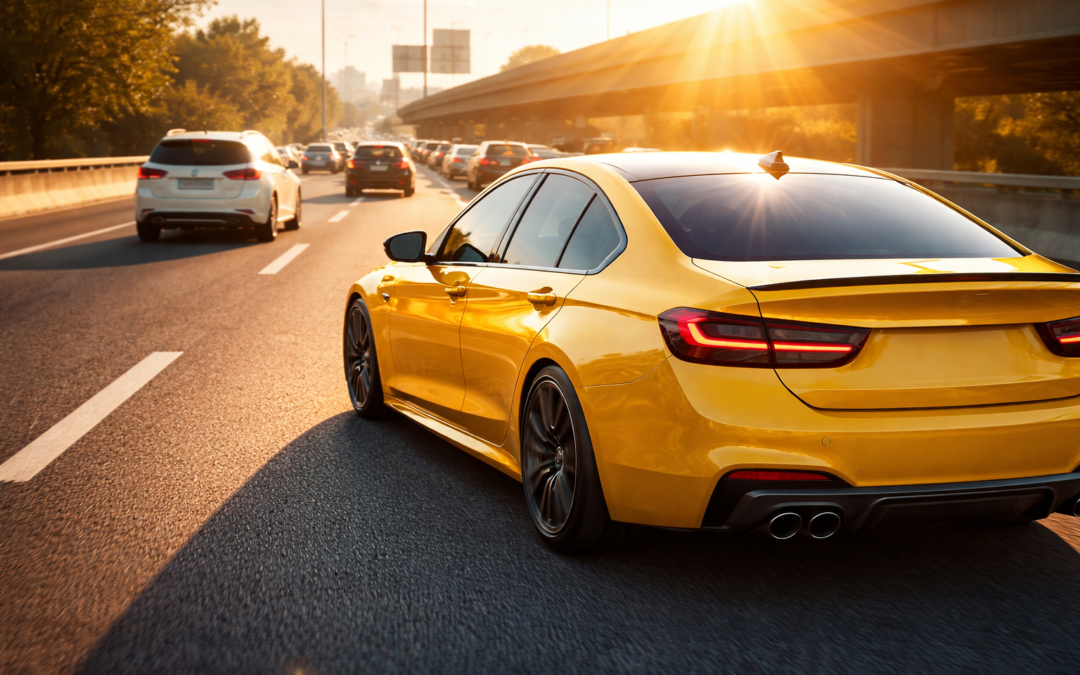 Coche turismo amarillo circulando por una autopista con tráfico y luz solar directa, imagen que muestra cómo el tintado de lunas ayuda a reducir el deslumbramiento, el calor interior y mejora el confort de conducción.