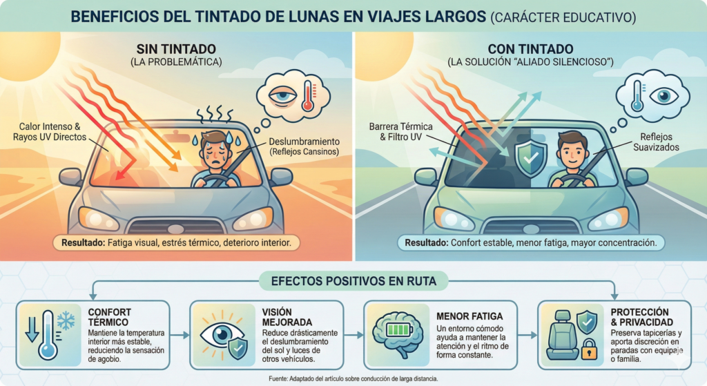 Infografía educativa que compara la conducción en viajes largos con y sin tintado de lunas, mostrando reducción del calor, filtrado de rayos UV, menor deslumbramiento, mayor confort, mejora de la visión, menor fatiga del conductor y mayor protección y privacidad dentro del vehículo.