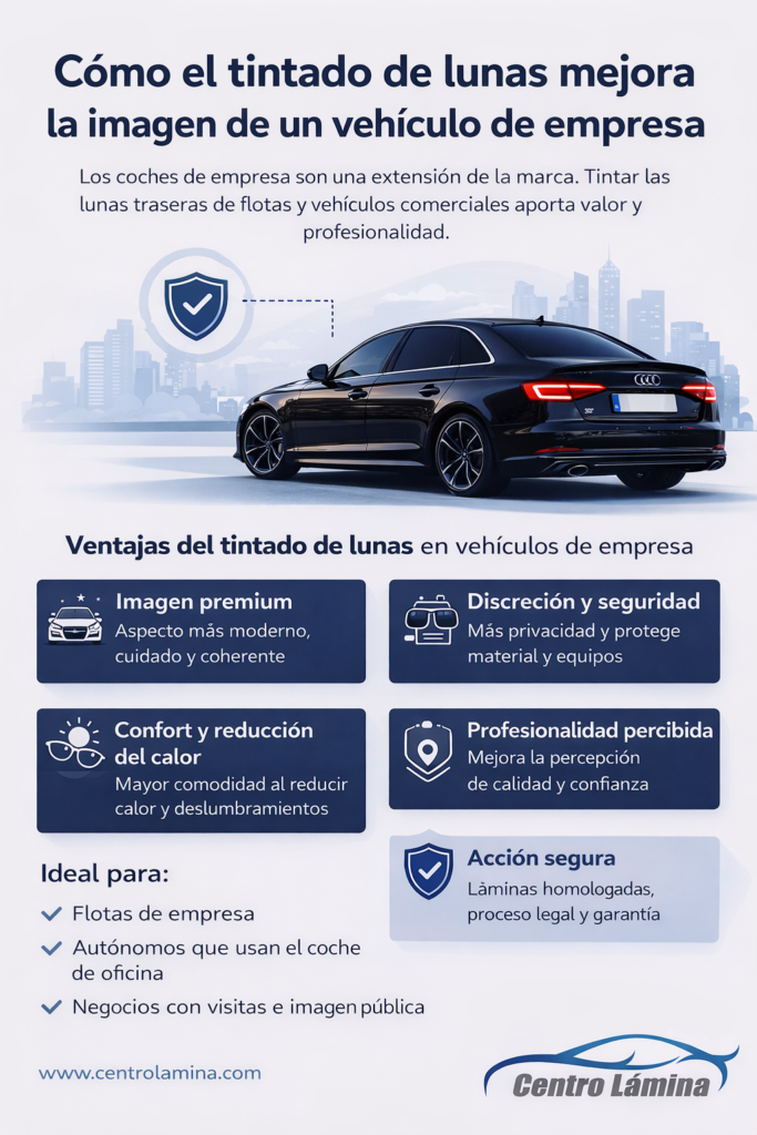 Infografía corporativa de Centro Lámina sobre tintado de lunas homologado para vehículos de empresa