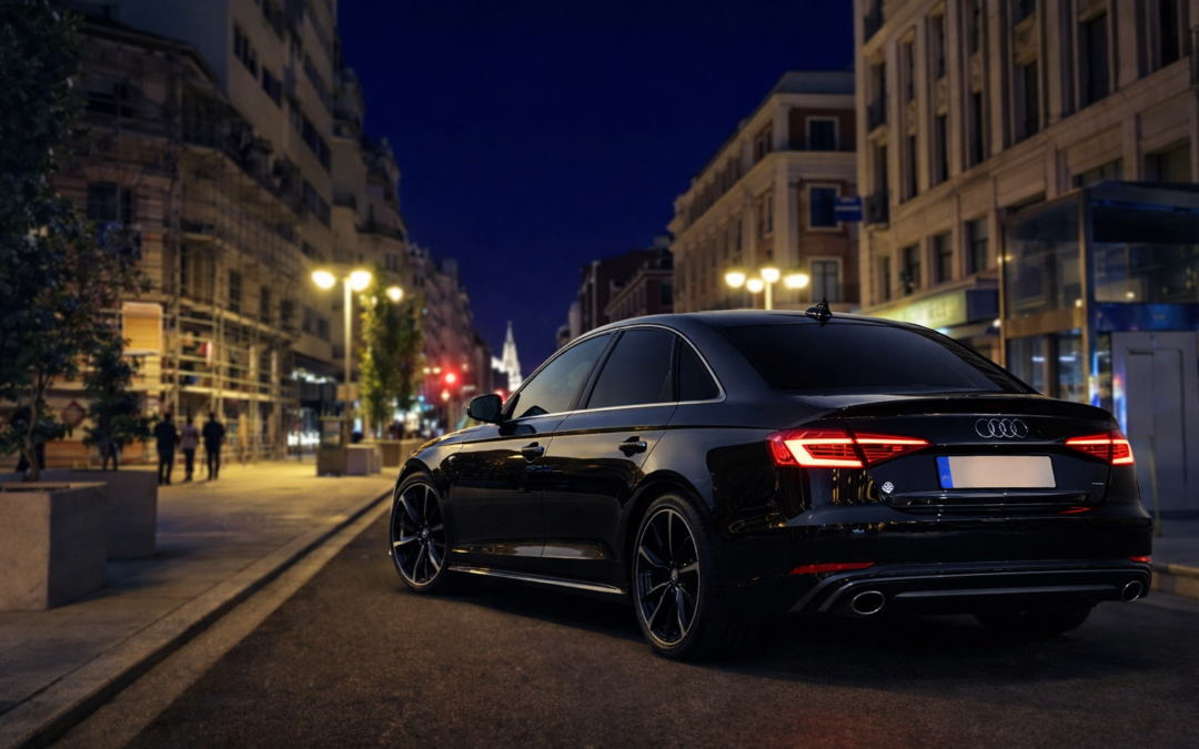 Audi negro con tintado de lunas traseras homologado, ejemplo de vehículo de empresa con imagen profesional