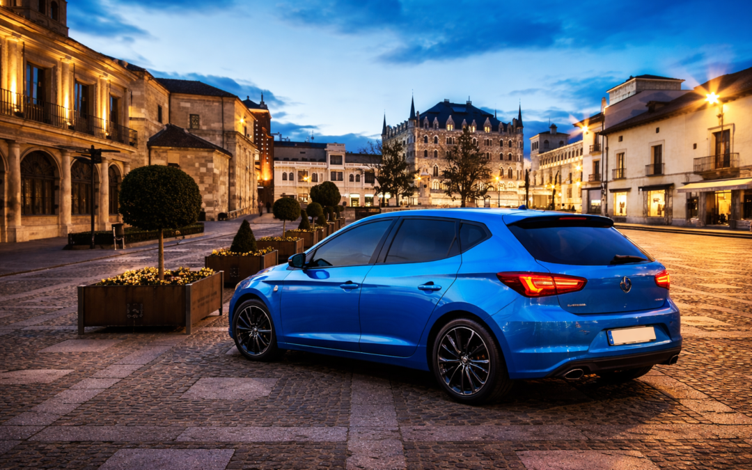 Turismo azul eléctrico aparcado en la Plaza de San Marcelo de León con lunas traseras tintadas por Centro Lámina
