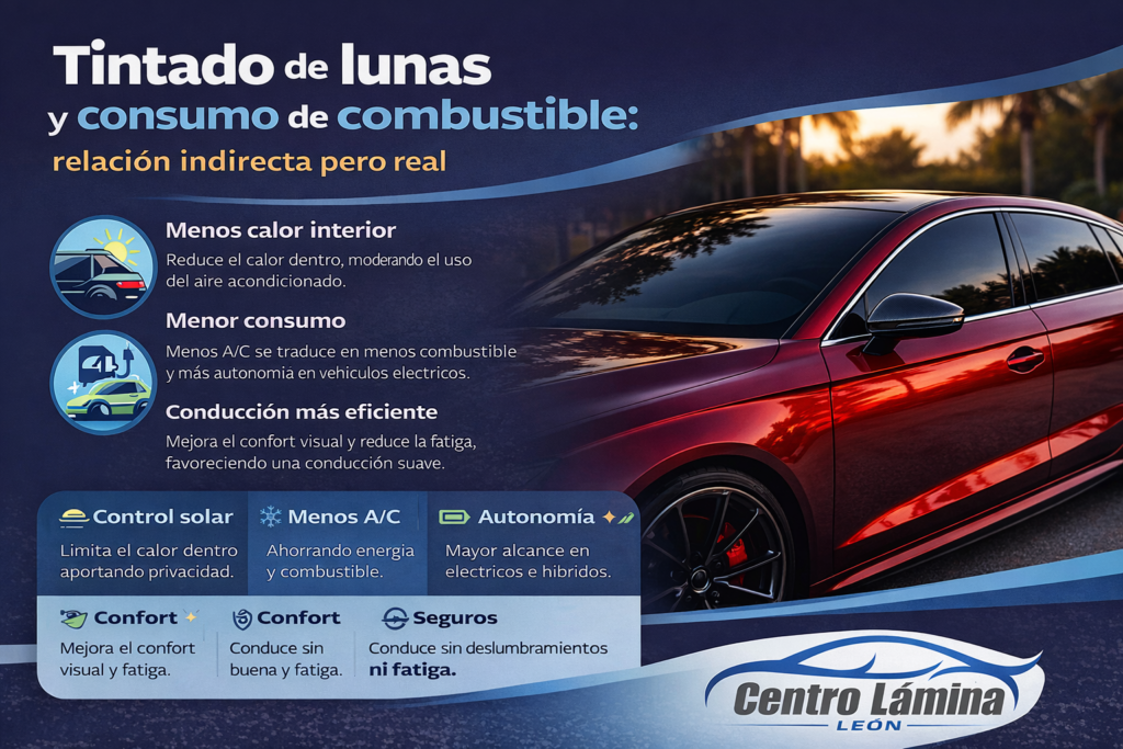 Infografía sobre tintado de lunas y consumo de combustible con automóvil de alta gama y cristales tintados, que muestra cómo las lunas tintadas mejoran el confort, reducen el calor interior y optimizan la eficiencia de conducción.