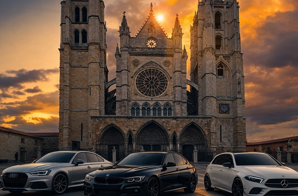 Tres vehículos con lunas tintadas en distintos niveles de oscuridad frente a la Catedral de León al atardecer, ejemplo de tintado de lunas profesional en León.