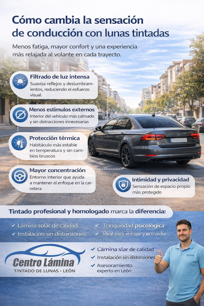 Infografía de Centro Lámina en tonos azules que explica cómo las lunas tintadas mejoran la sensación de conducción, con menos fatiga, mayor confort y más privacidad