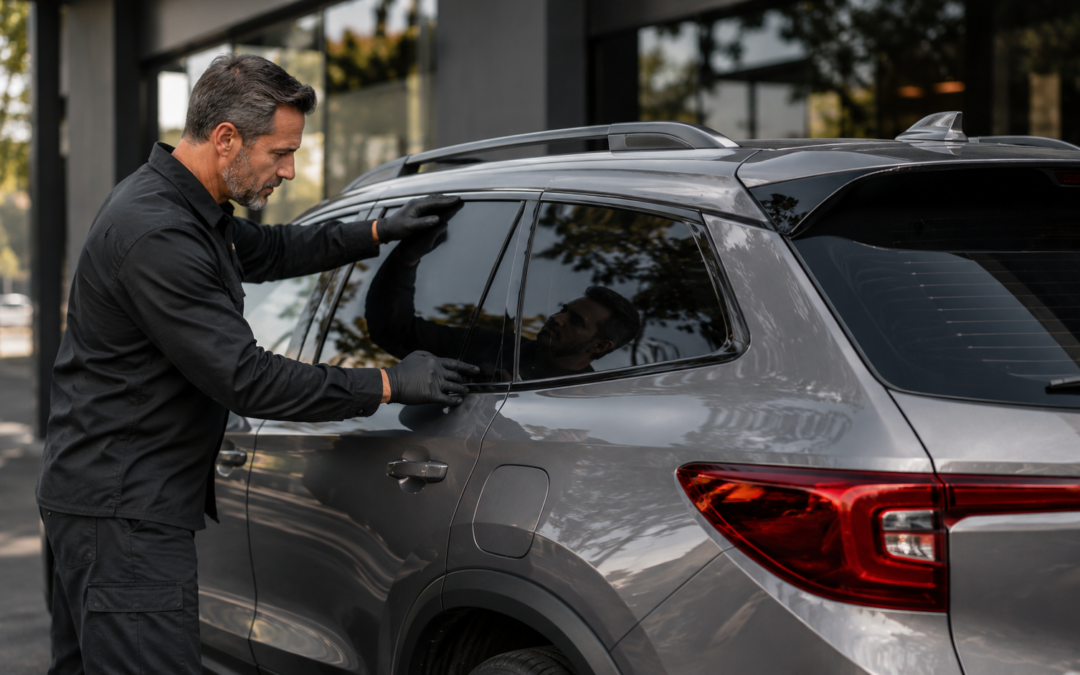 Técnico revisando lunas tintadas de un SUV en Centro Lámina León.