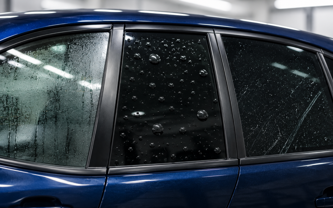 Ventanillas tintadas de un coche azul con humedad de secado, burbujas de aire y marcas permanentes visibles en la lámina solar.