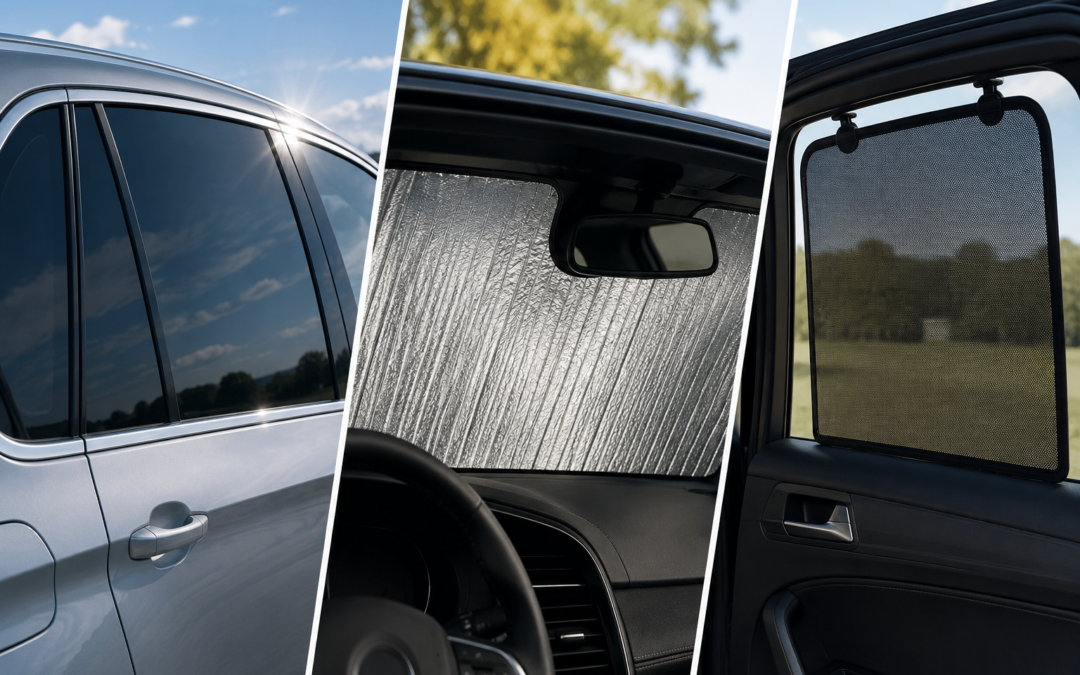 Comparativa visual de protección solar para coche con tres opciones: lunas tintadas en un vehículo gris, parasol reflectante colocado en el parabrisas y cortinilla lateral en una ventanilla trasera.
