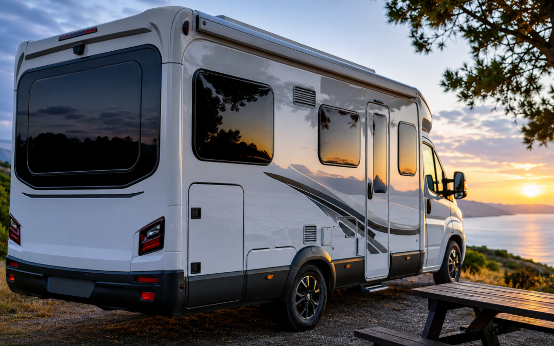 Autocaravana con lunas tintadas junto al mar al atardecer.