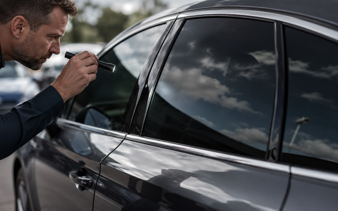 Profesional inspeccionando con una linterna las lunas tintadas de un coche de segunda mano.