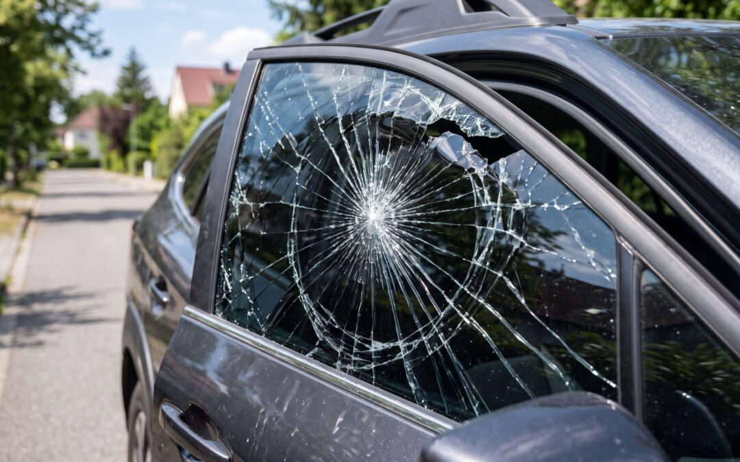 Primer plano de la ventanilla del conductor de un coche negro, mostrando el cristal tintado completamente agrietado por tensión térmica y fracturado en un patrón circular de telaraña en una calle residencial soleada.