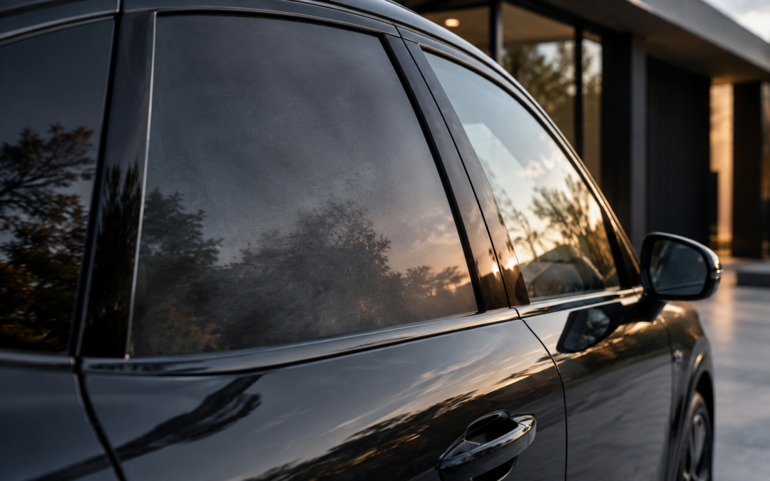 Coche negro con lunas tintadas que presentan un ligero aspecto lechoso y reflejos al atardecer.