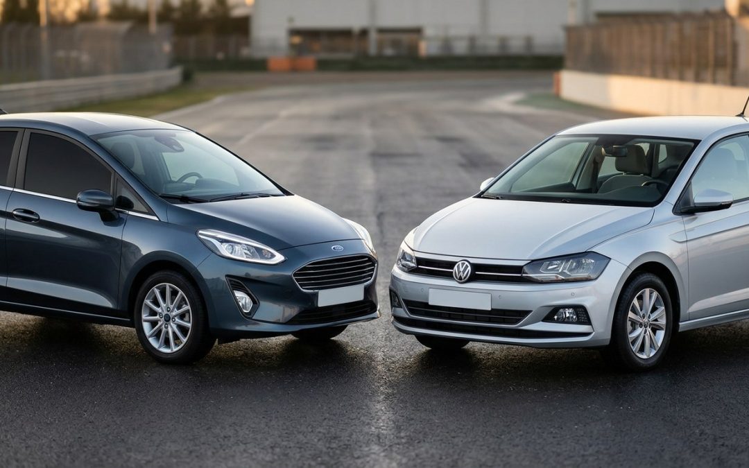 Dos coches utilitarios aparcados frente a frente en un circuito al atardecer: uno gris oscuro a la izquierda con cristales laterales muy oscuros y otro plateado a la derecha con cristales laterales claros; ambos con el parabrisas delantero transparente.